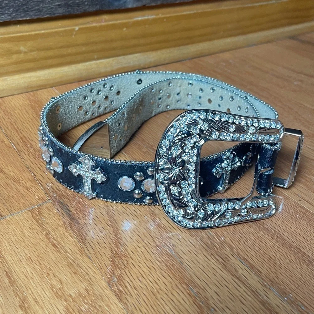 BHW Rhinestone Studded Western Black Leather Belt Size Small